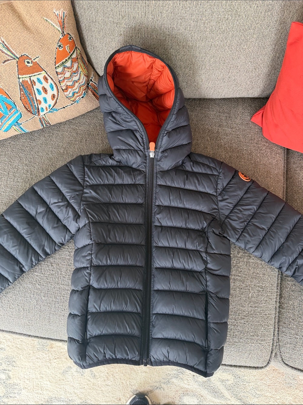 SAVE THE DUCK Kids Hooded Puffer Jacket - Black with Orange Lining